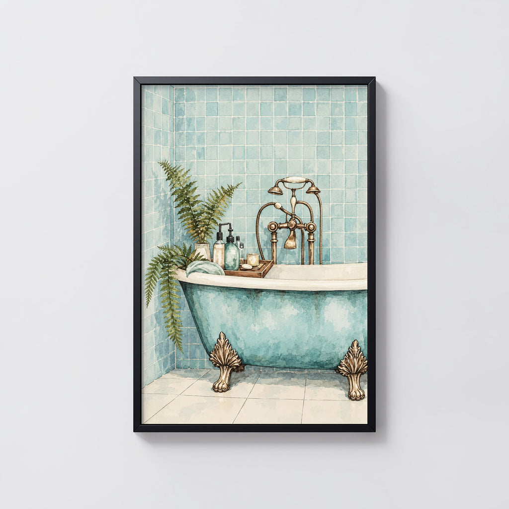 Vintage Clawfoot Bath Print and Poster, Aqua Bathroom Art