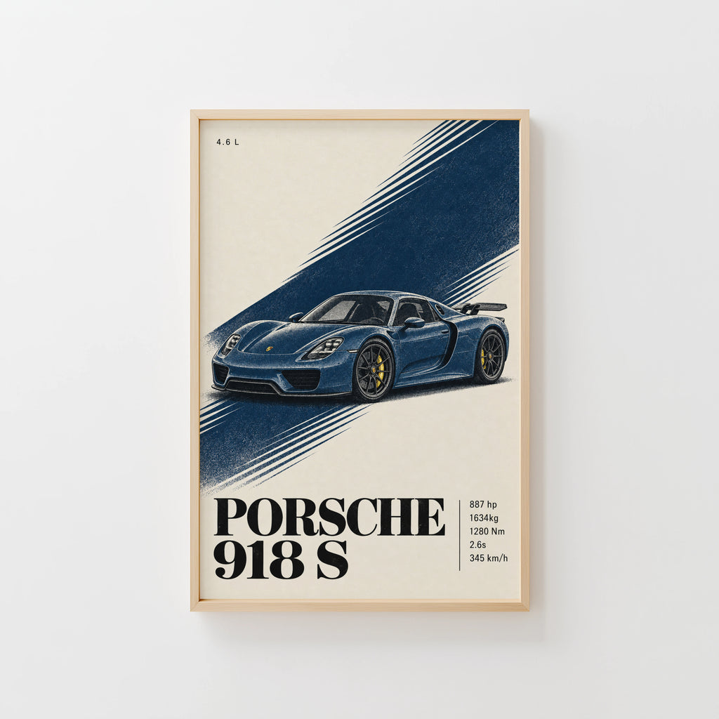 Vintage Porsche 918 S Print, Blue Car Wall Art