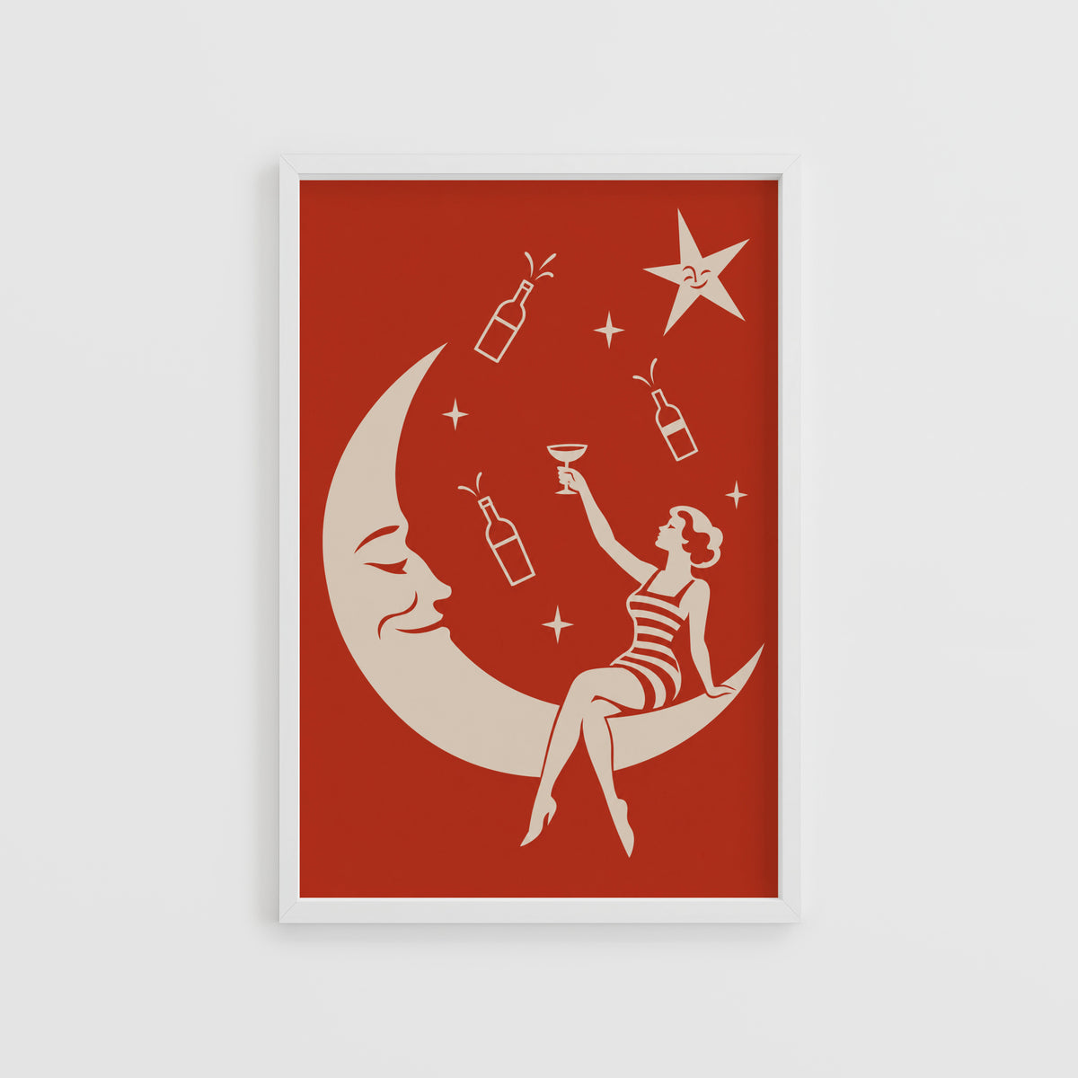 Vintage Wine Print Poster, Moon Lady Cocktail Art