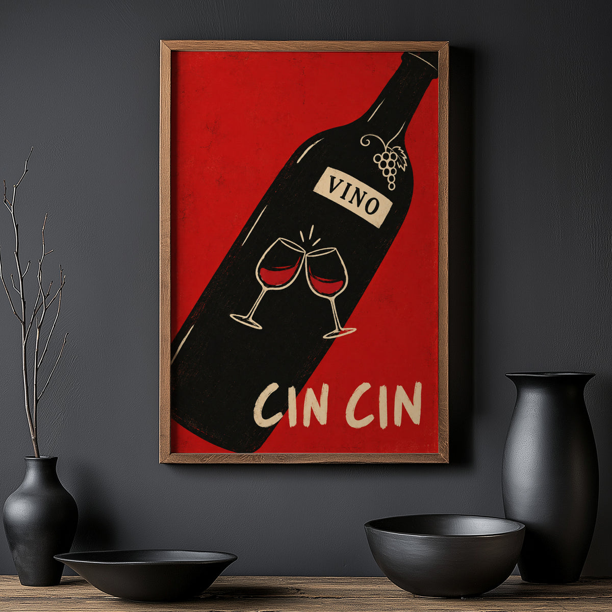 Vintage Cin Cin Wine Print Poster, Red Kitchen Art