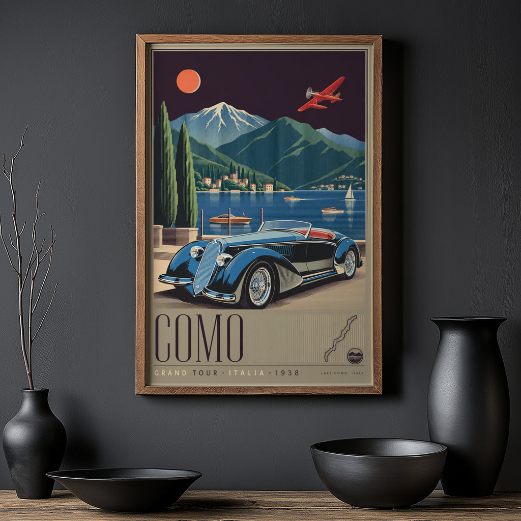 Vintage Lake Como Italy Poster, Art Deco Wall Art, Car Print