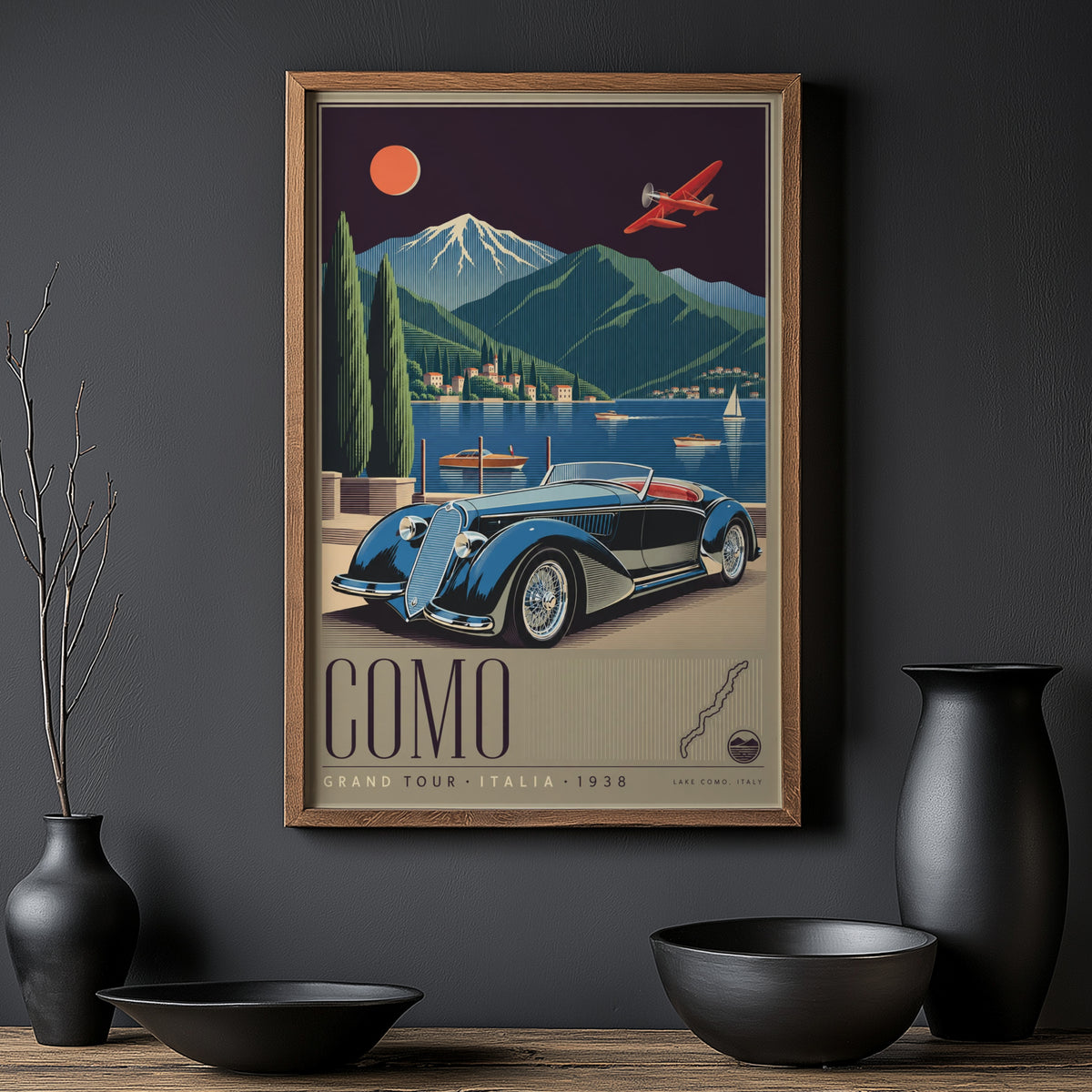 Vintage Lake Como Italy Poster, Art Deco Wall Art, Car Print