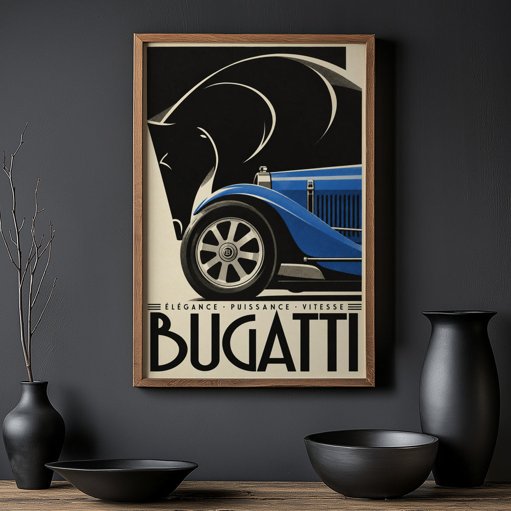 Vintage Bugatti Poster, Art Deco Wall Art, Car Print