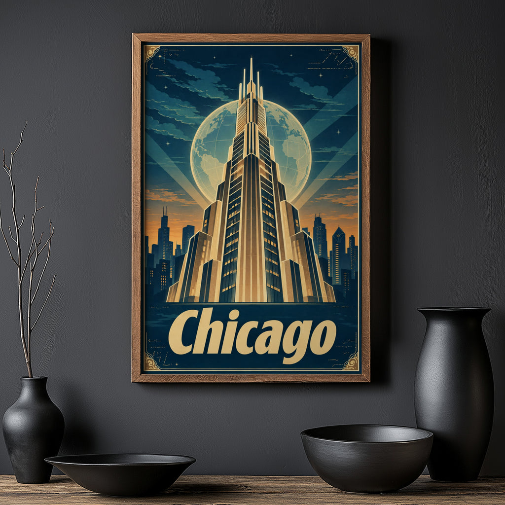 Vintage Chicago Poster, Art Deco Skyline Wall Art Print