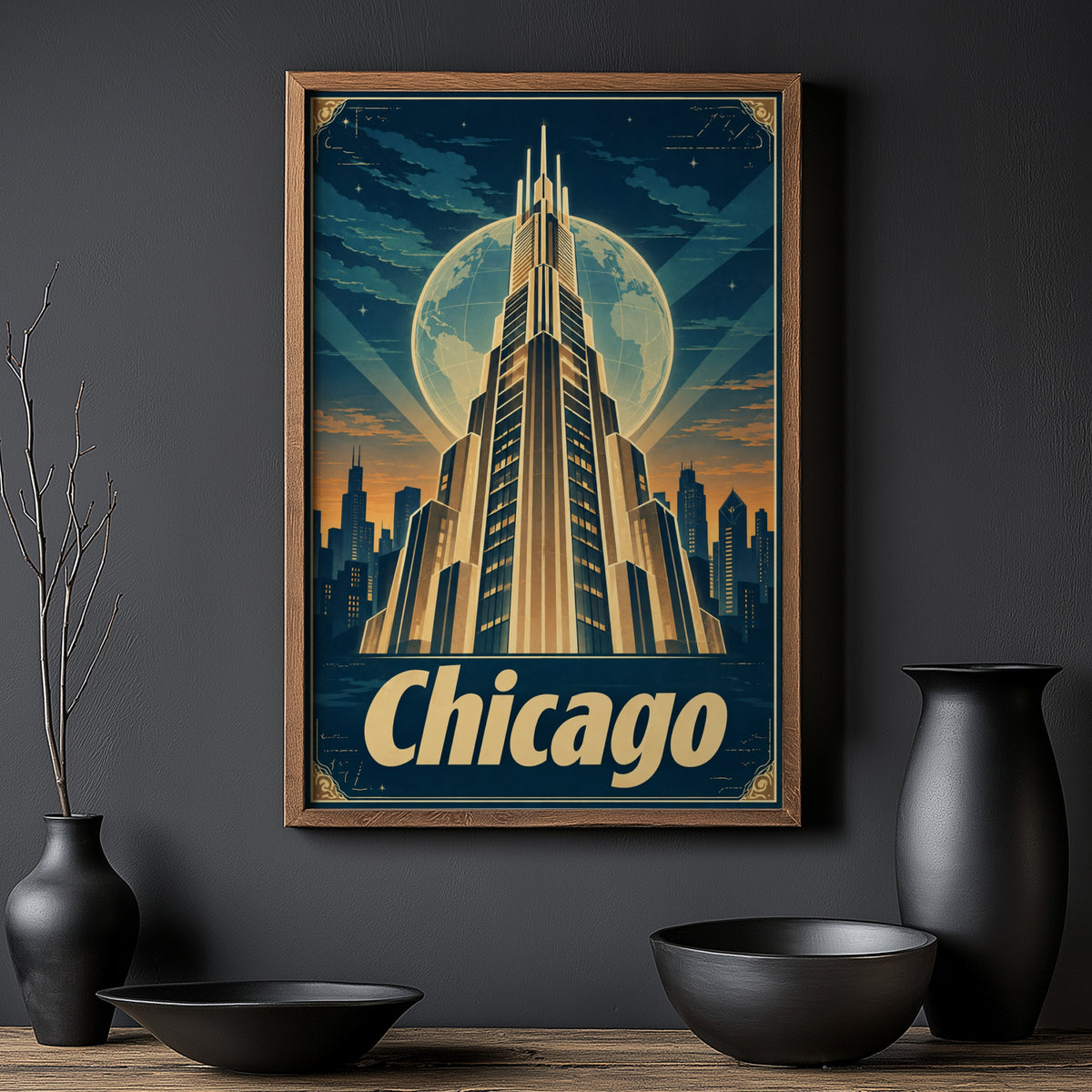 Vintage Chicago Poster, Art Deco Skyline Wall Art Print