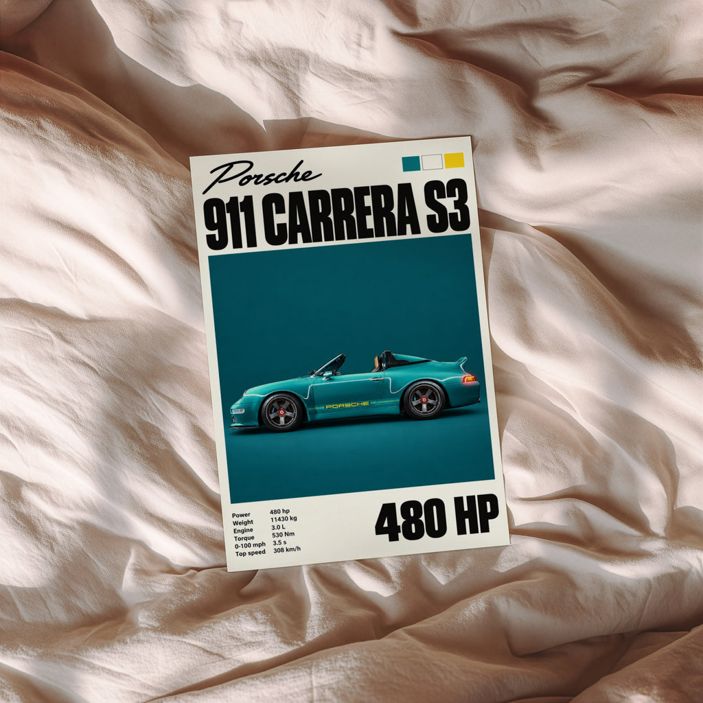 Vintage Porsche 911 Carrera S3 Print, Teal Car Art