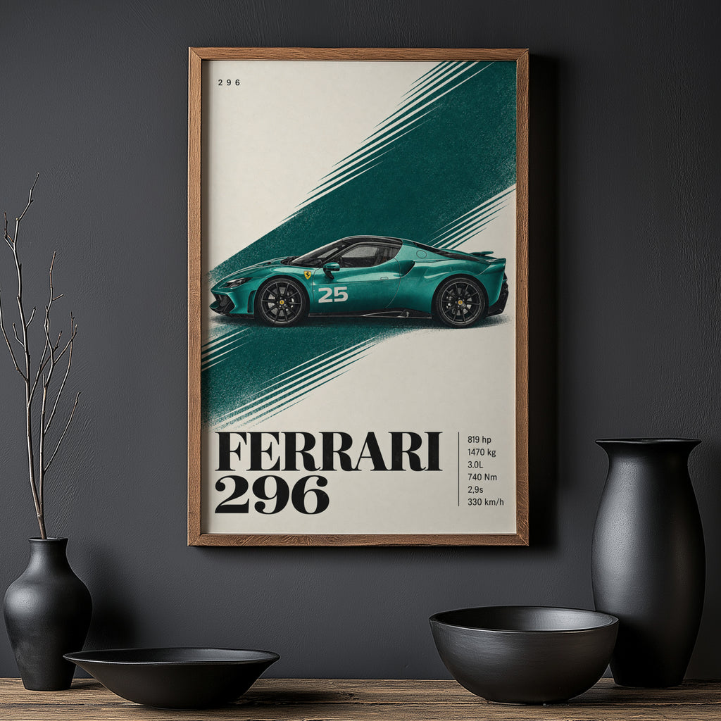 Vintage Ferrari 296 Print, Teal Supercar Wall Art