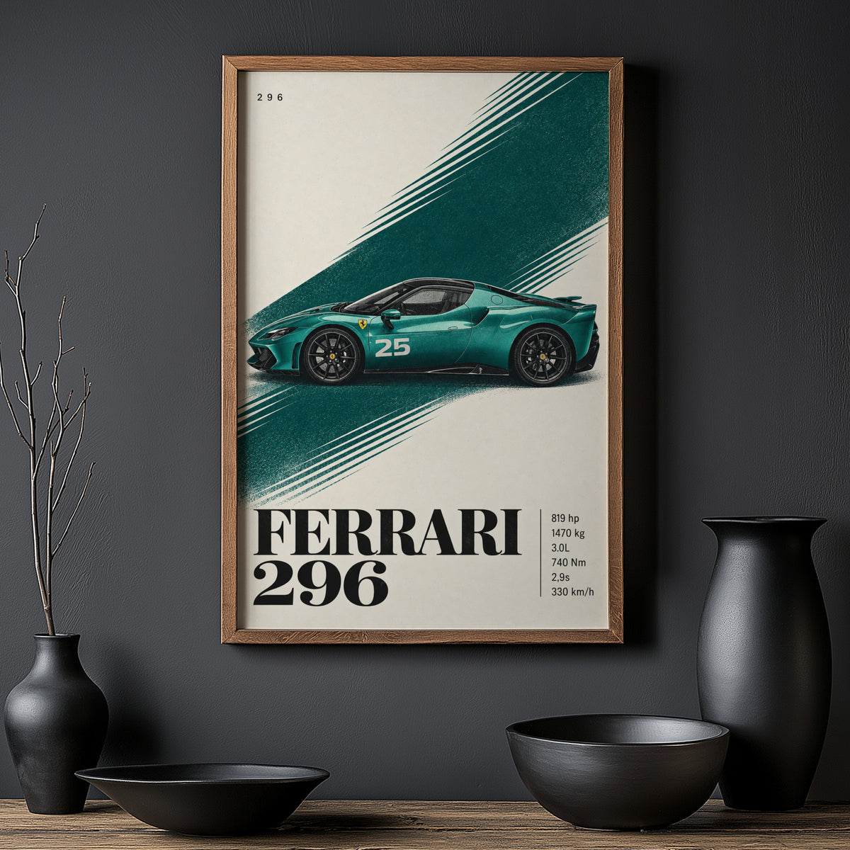 Vintage Ferrari 296 Print, Teal Supercar Wall Art