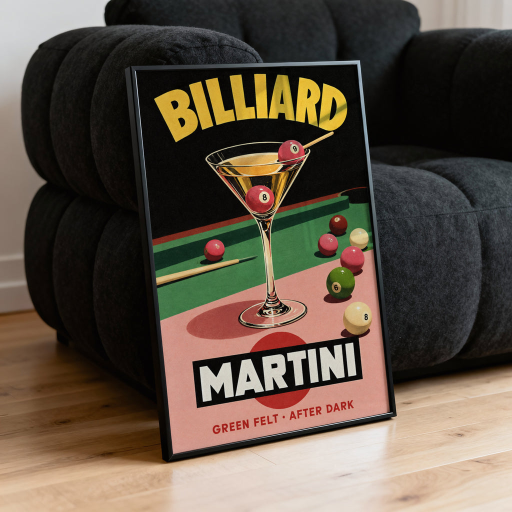 Vintage Billiard Martini Print Poster, Cocktail Bar Art