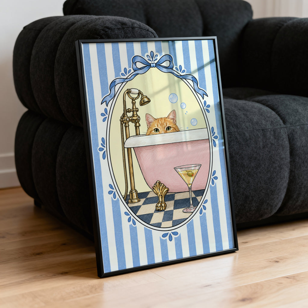 Vintage Cat Bathtub Print and Poster, Bathroom Wall Art