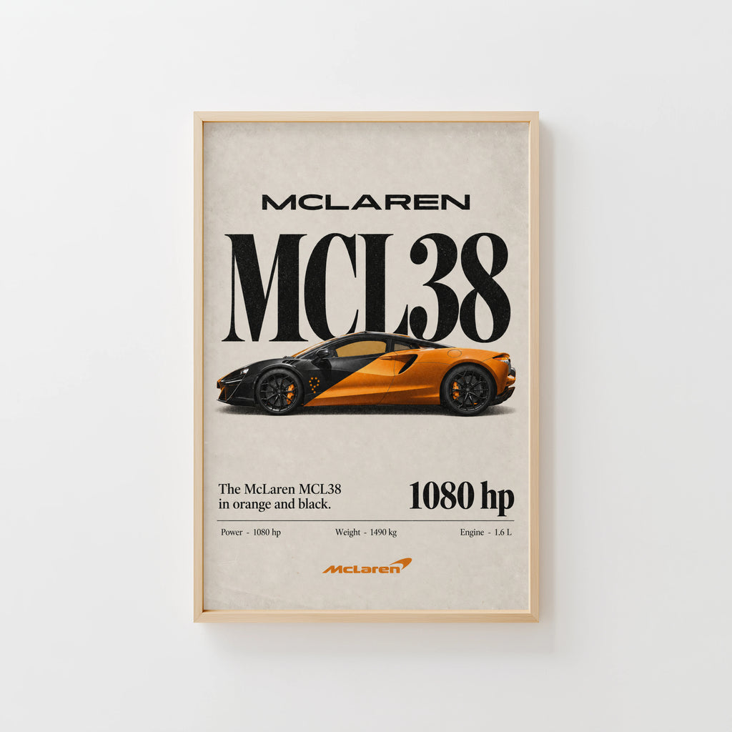 Vintage McLaren MCL38 Print, Orange Supercar Art