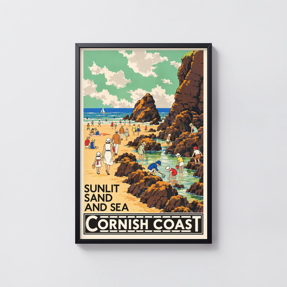 Vintage Cornish Coast Poster, Seaside Wall Art, Beach Print