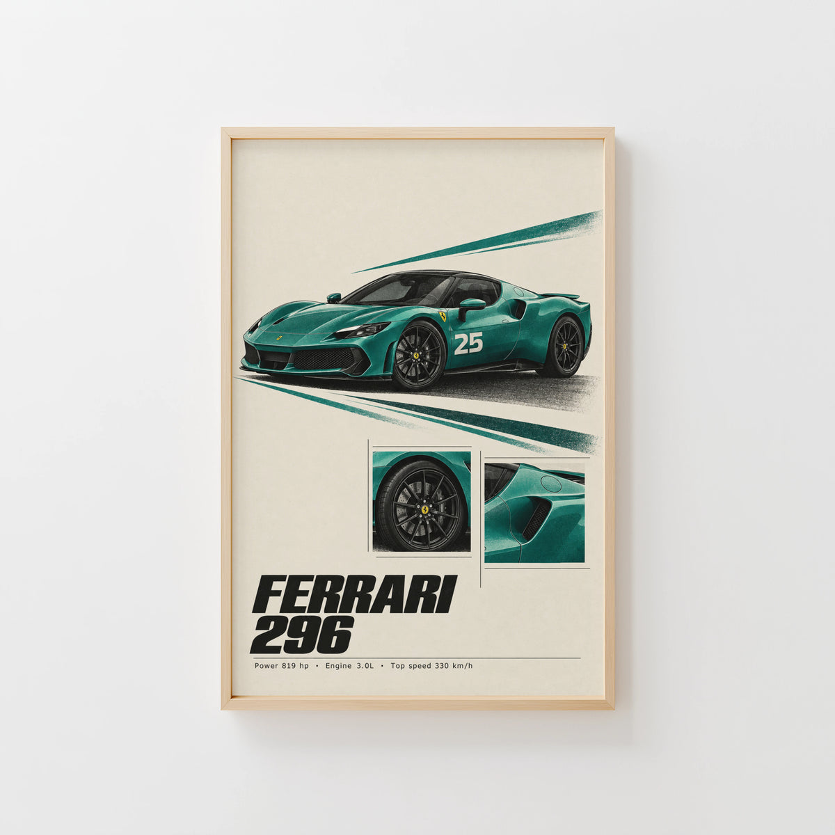 Vintage Ferrari 296 Print, Teal Supercar Wall Art