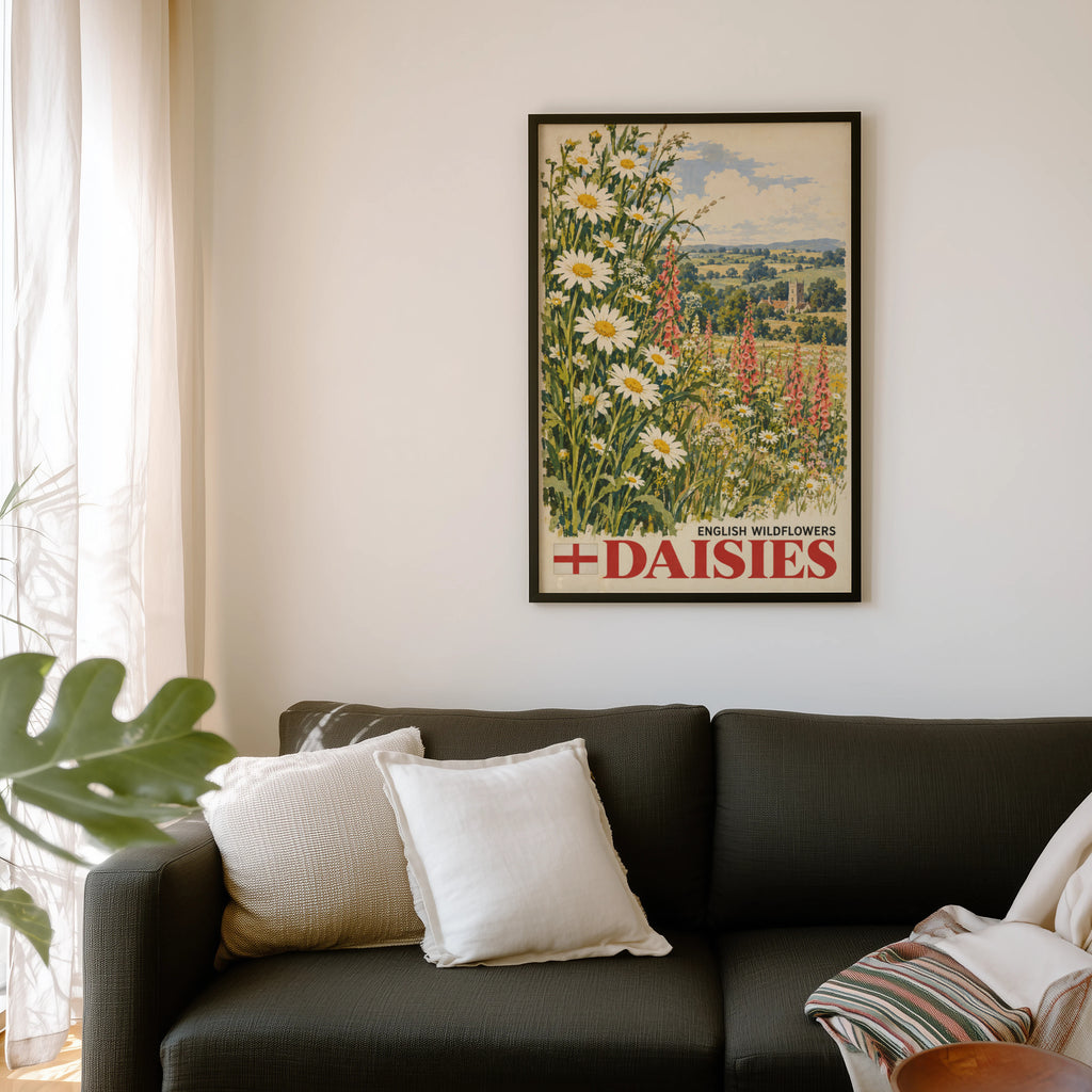 Vintage English Daisies Poster, Wildflower Wall Art Print