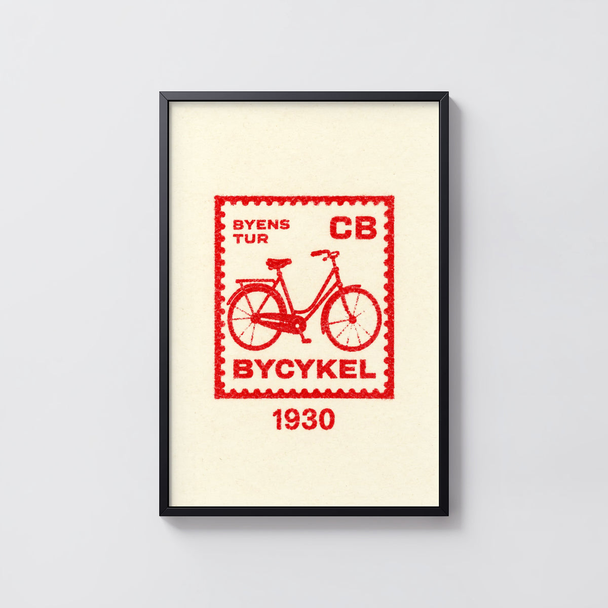 Vintage Bicycle Poster, Red Stamp Wall Art, Retro Print
