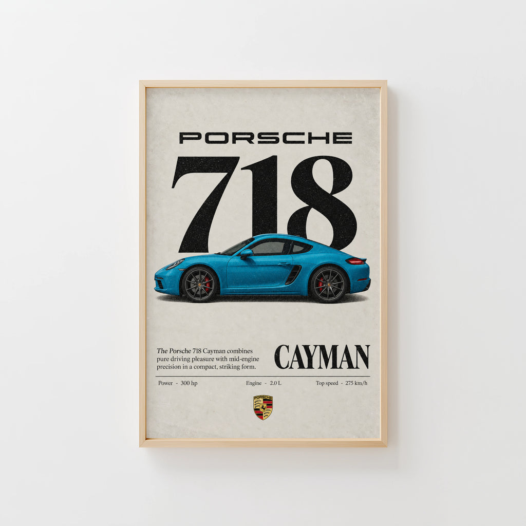 Vintage Print, Porsche 718 Cayman Blue Car Art