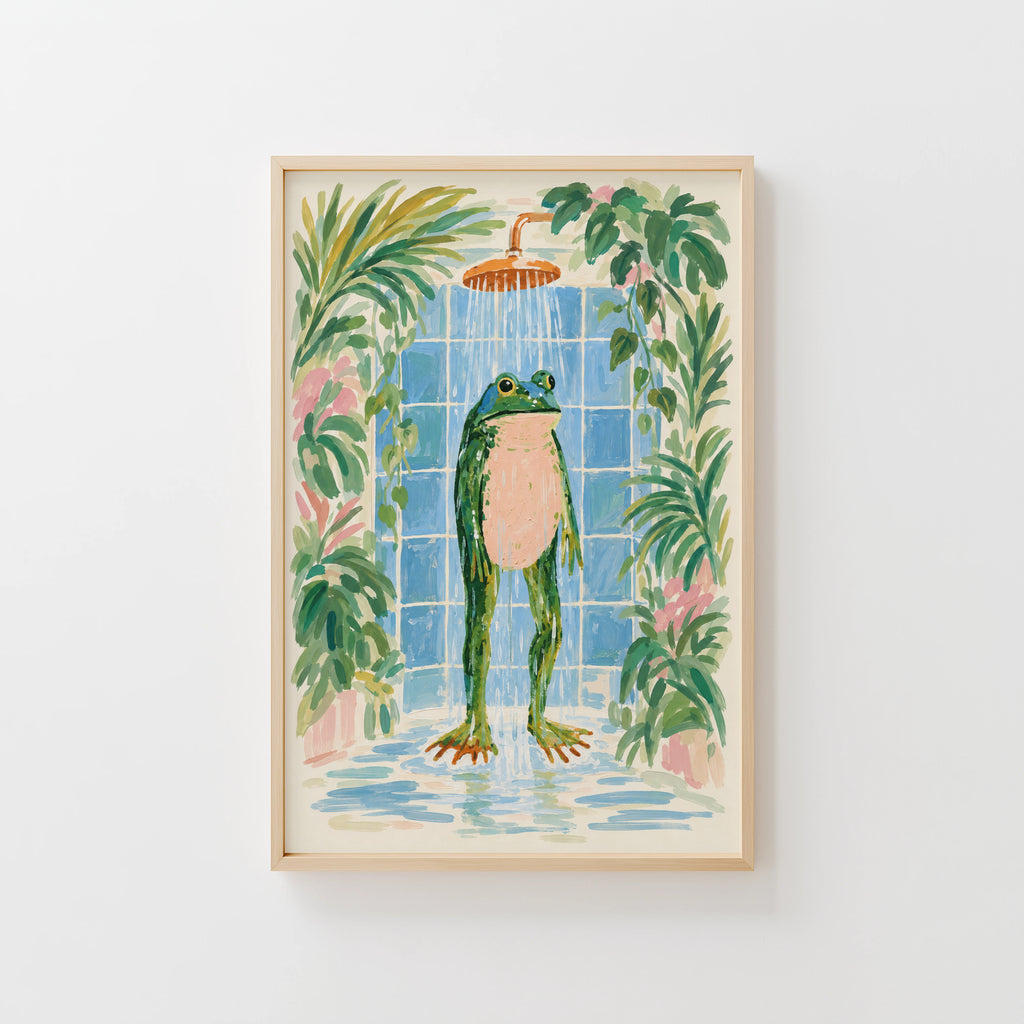 Vintage Frog Shower Print and Poster, Bathroom Art