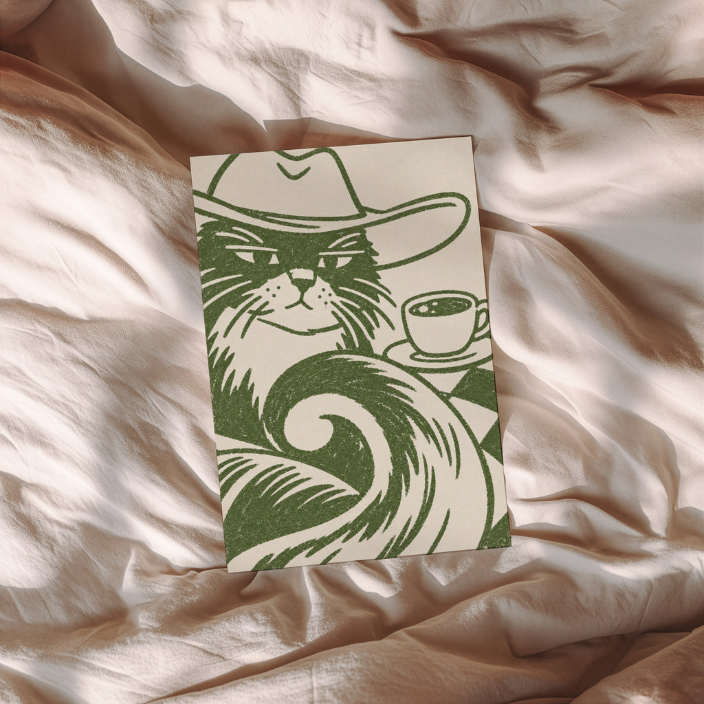 Vintage Cowboy Cat Coffee Print Poster, Green Wall Art