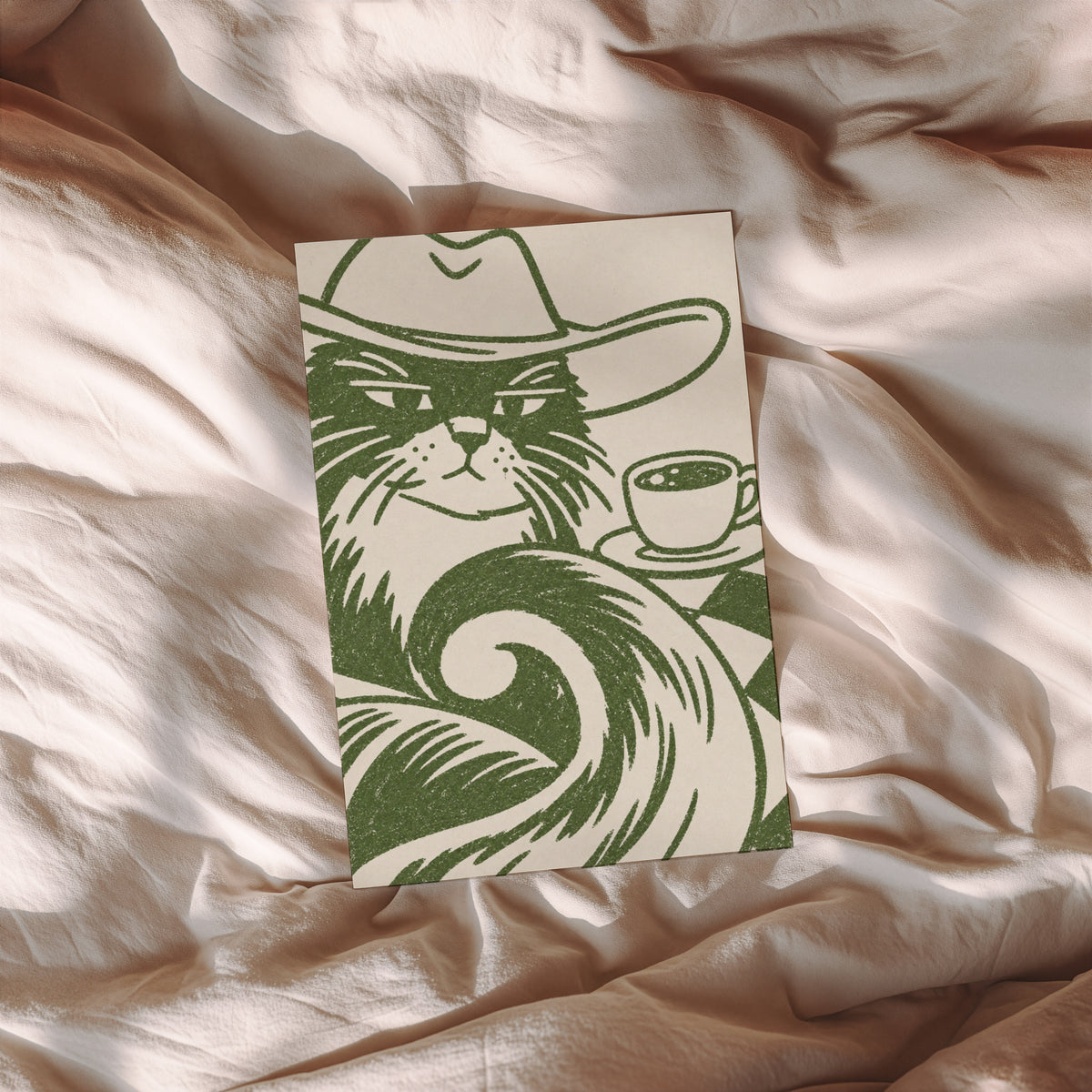 Vintage Cowboy Cat Coffee Print Poster, Green Wall Art
