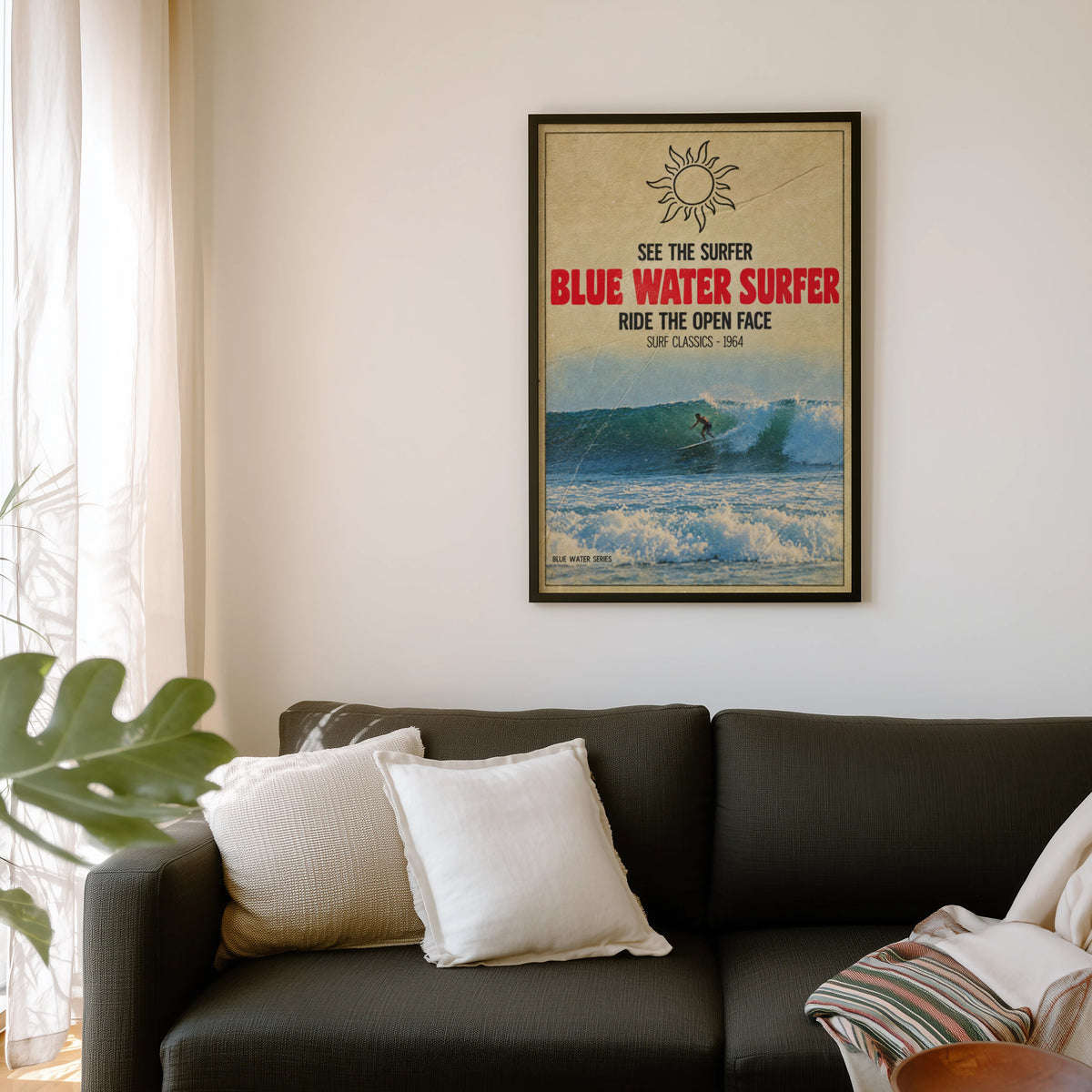 Vintage Blue Water Surfer Print, Surf Poster 1964