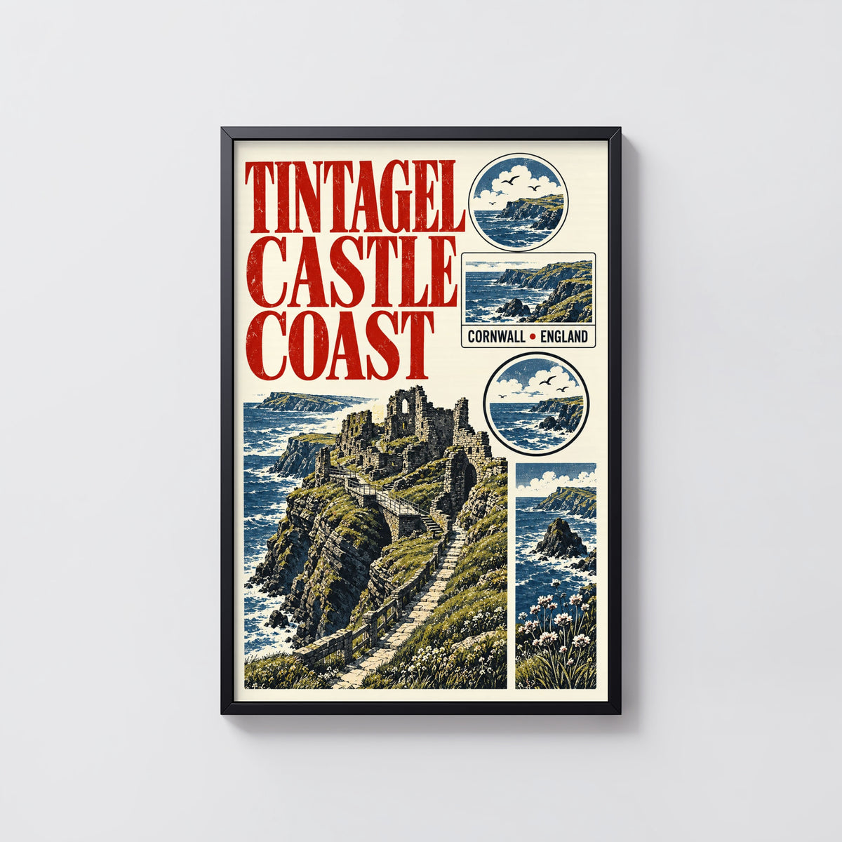 Vintage Tintagel Castle Poster, Cornwall Coast Print