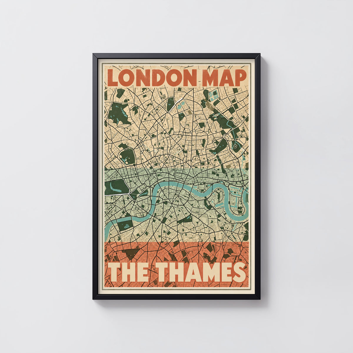 Vintage London Map Poster, Thames Wall Art, City Print