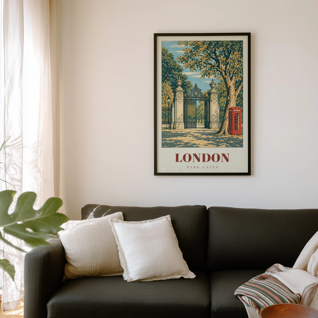 Vintage London Park Gates Poster, Red Phone Box Print