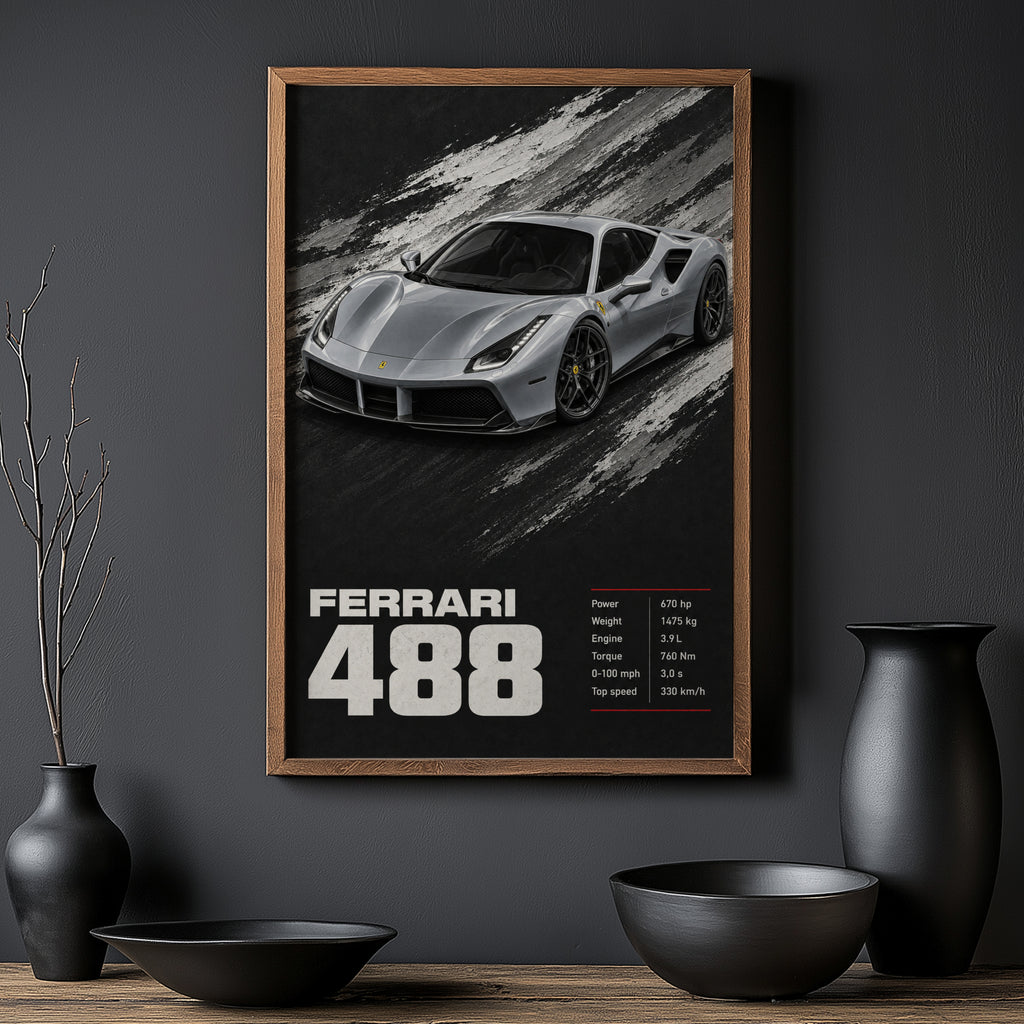 Vintage Ferrari 488 Print, Supercar Wall Art