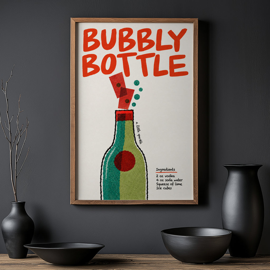 Vintage Bubbly Bottle Print Poster, Cocktail Wall Art