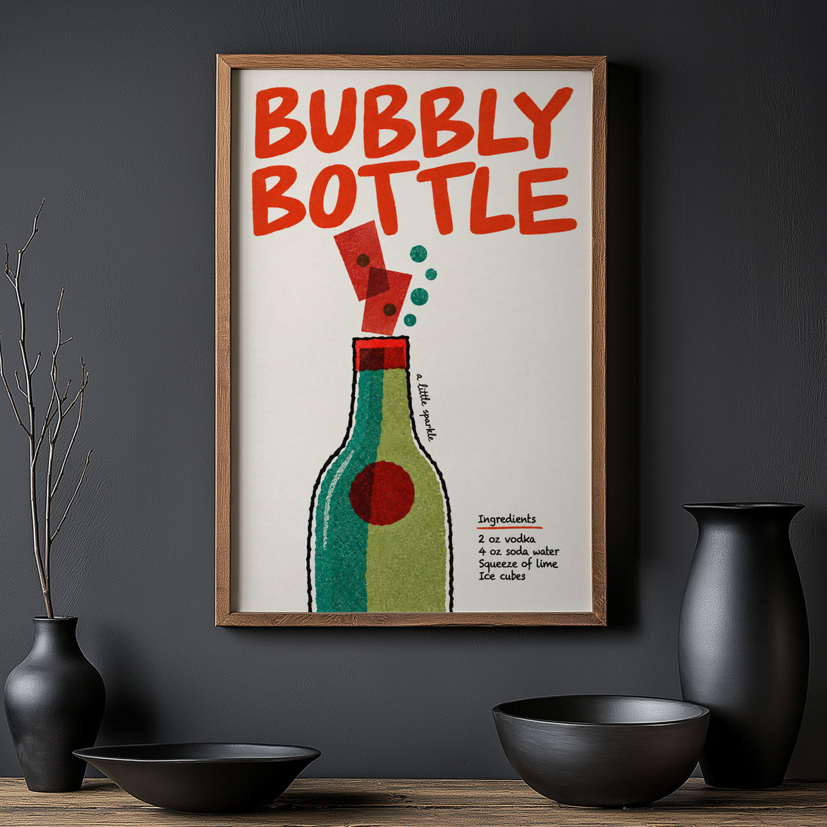 Vintage Bubbly Bottle Print Poster, Cocktail Wall Art