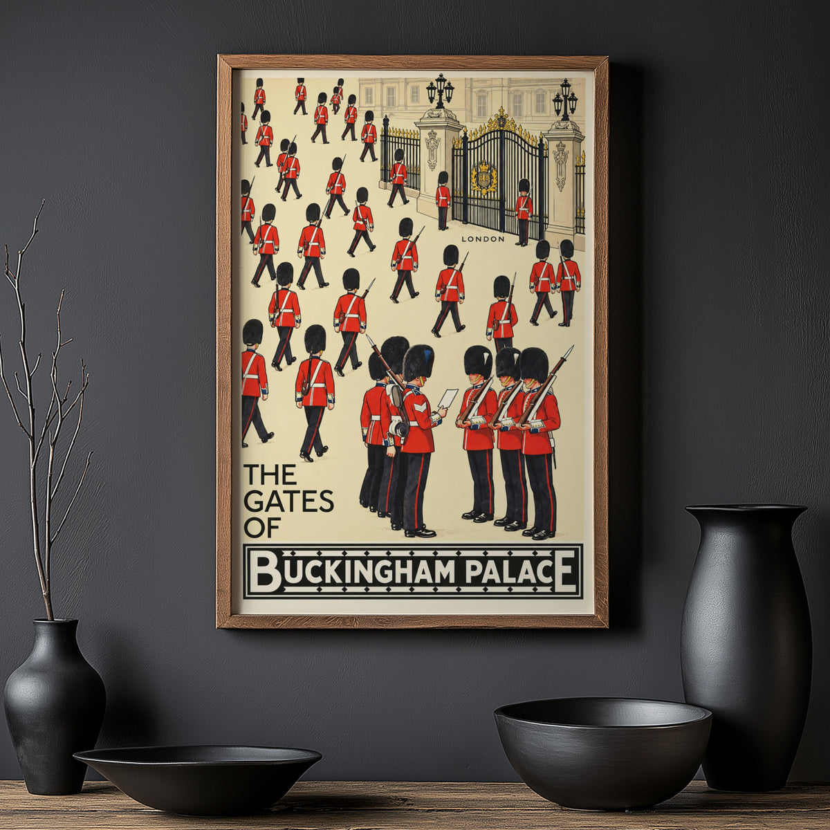 Vintage Buckingham Palace London Poster, Royal Guards Print