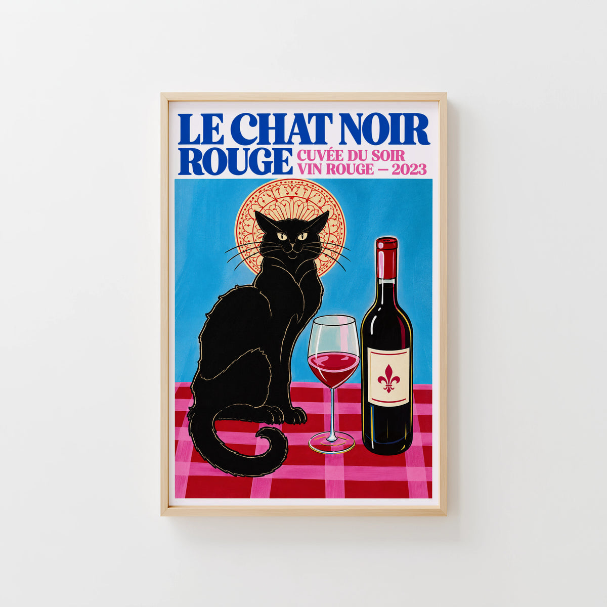 Vintage Black Cat Red Wine Print Poster, French Wall Art