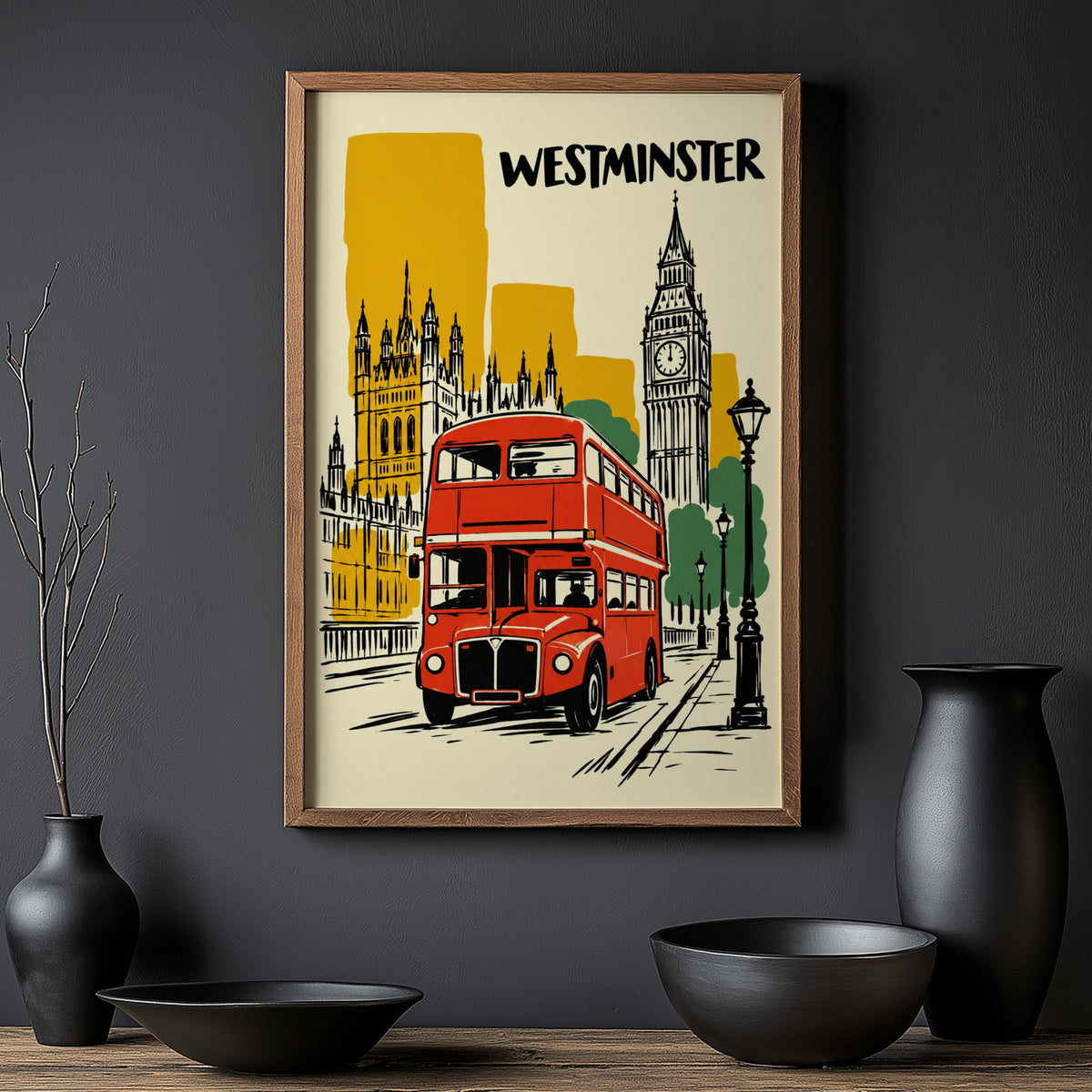 Vintage Westminster London Poster, Red Bus Wall Art Print