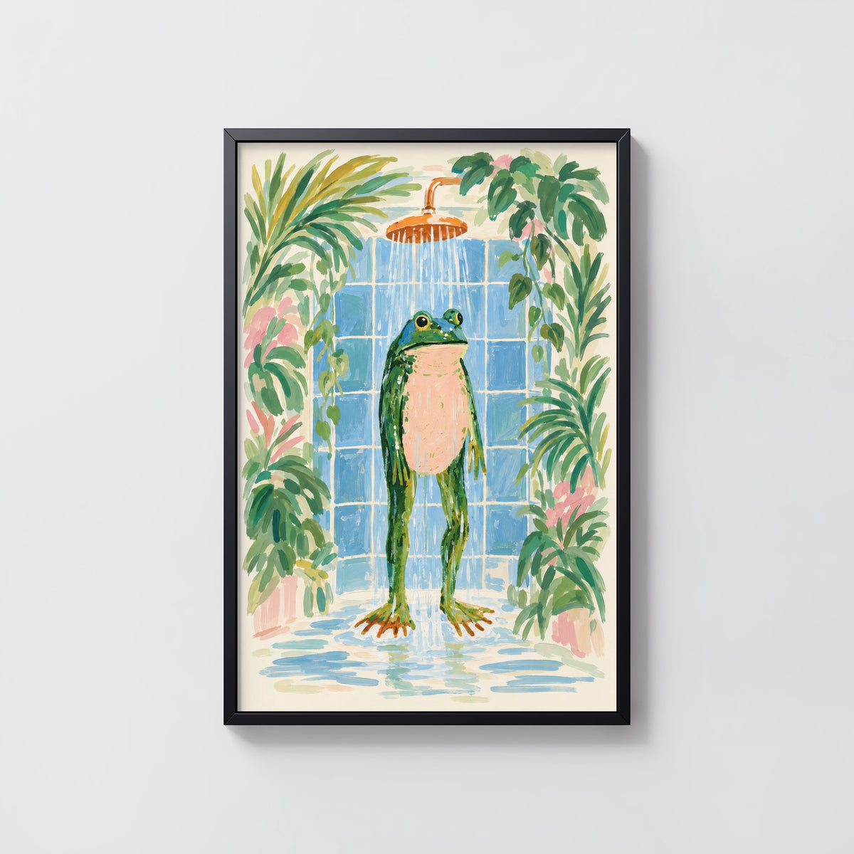 Vintage Frog Shower Print and Poster, Bathroom Art