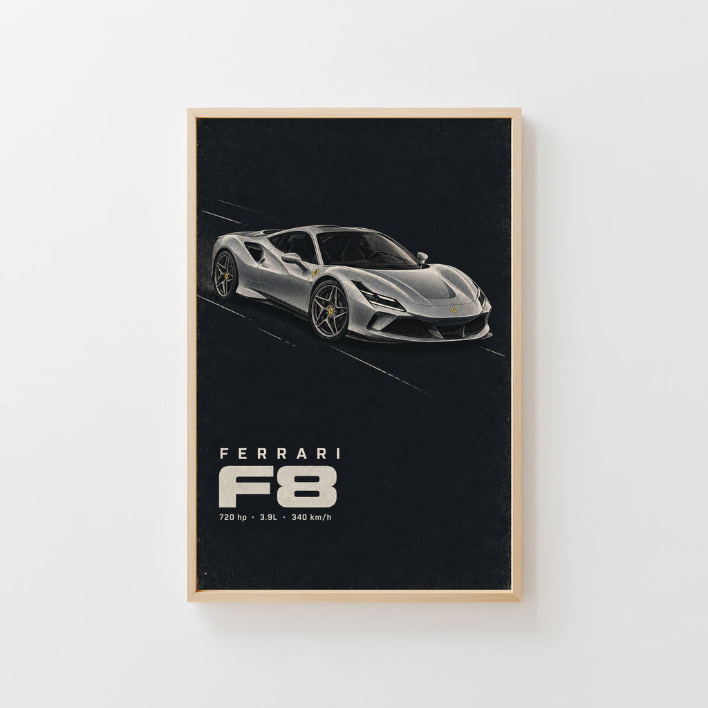 Vintage Ferrari F8 Print, Supercar Wall Art