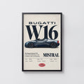 Vintage Bugatti W16 Mistral Print, Car Wall Art