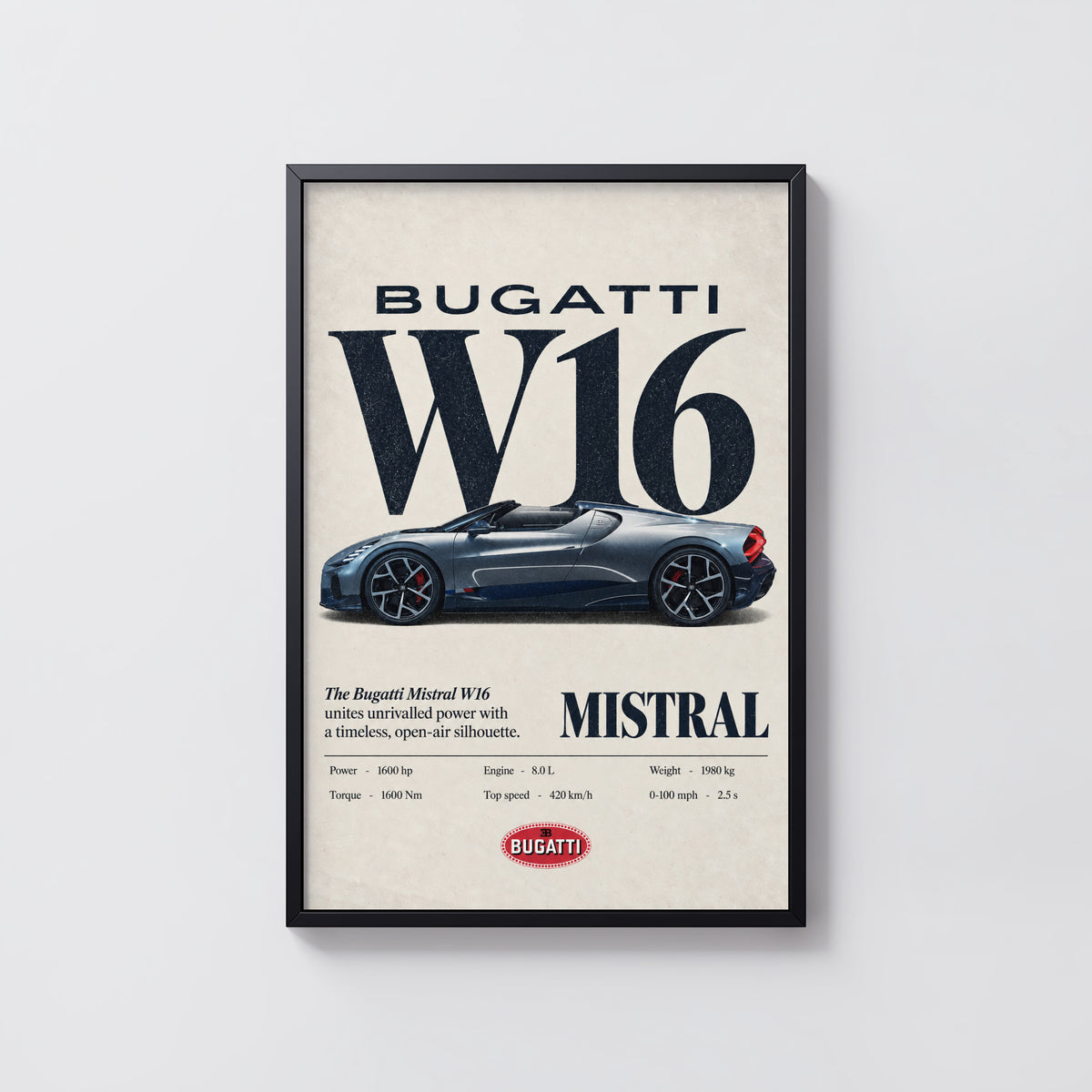 Vintage Bugatti W16 Mistral Print, Car Wall Art