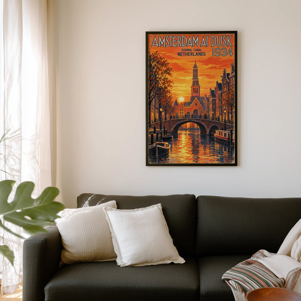 Vintage Amsterdam Poster, Canal Sunset Wall Art, Print