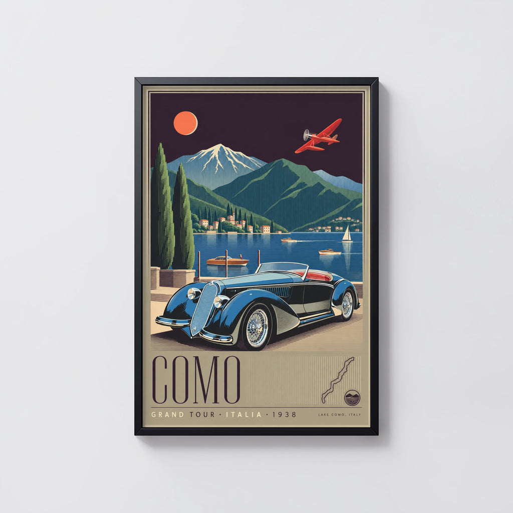 Vintage Lake Como Italy Poster, Art Deco Wall Art, Car Print