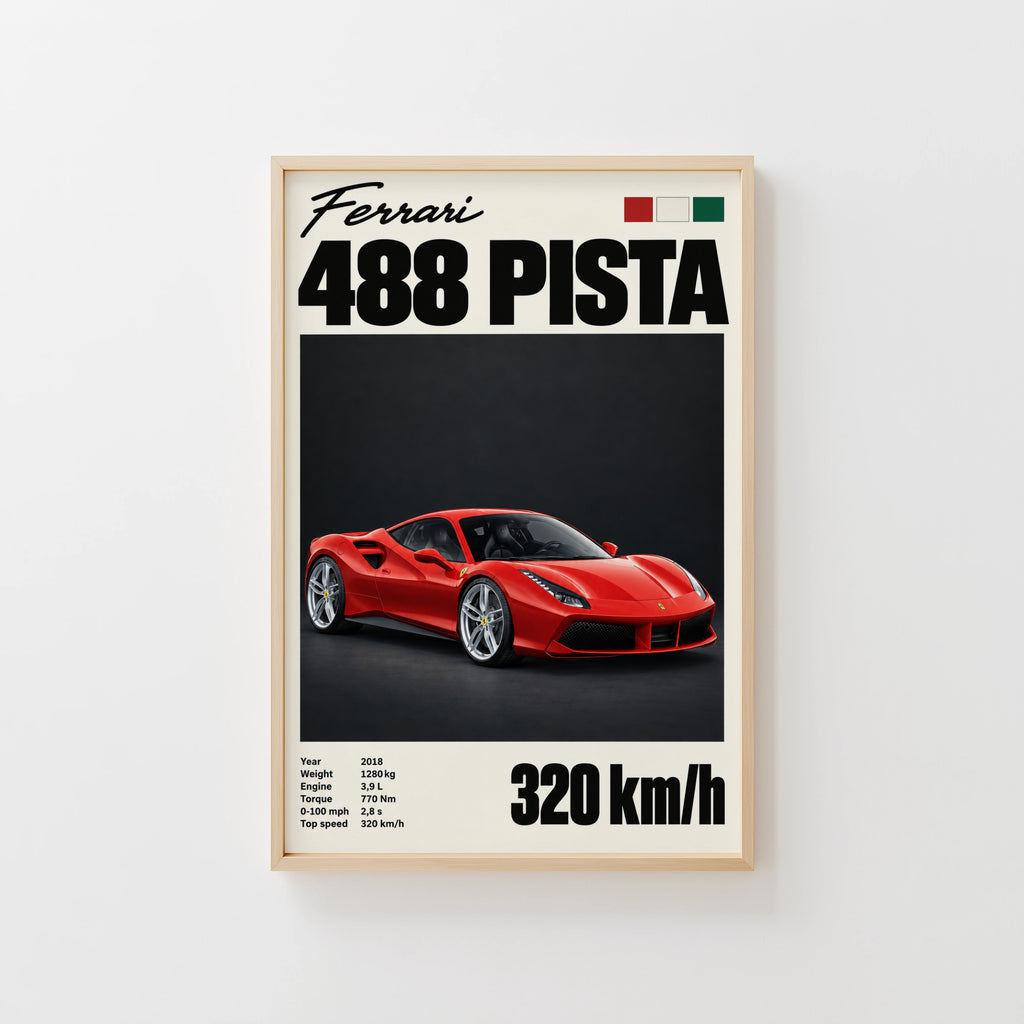 Vintage Ferrari 488 Pista Print, Supercar Wall Art