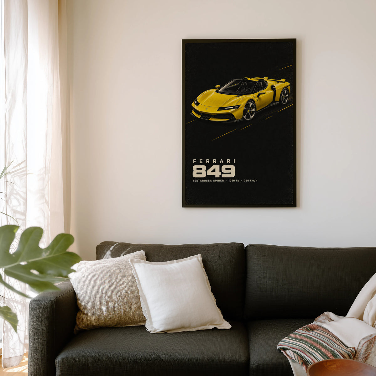 Vintage Ferrari Print, Yellow Supercar Wall Art