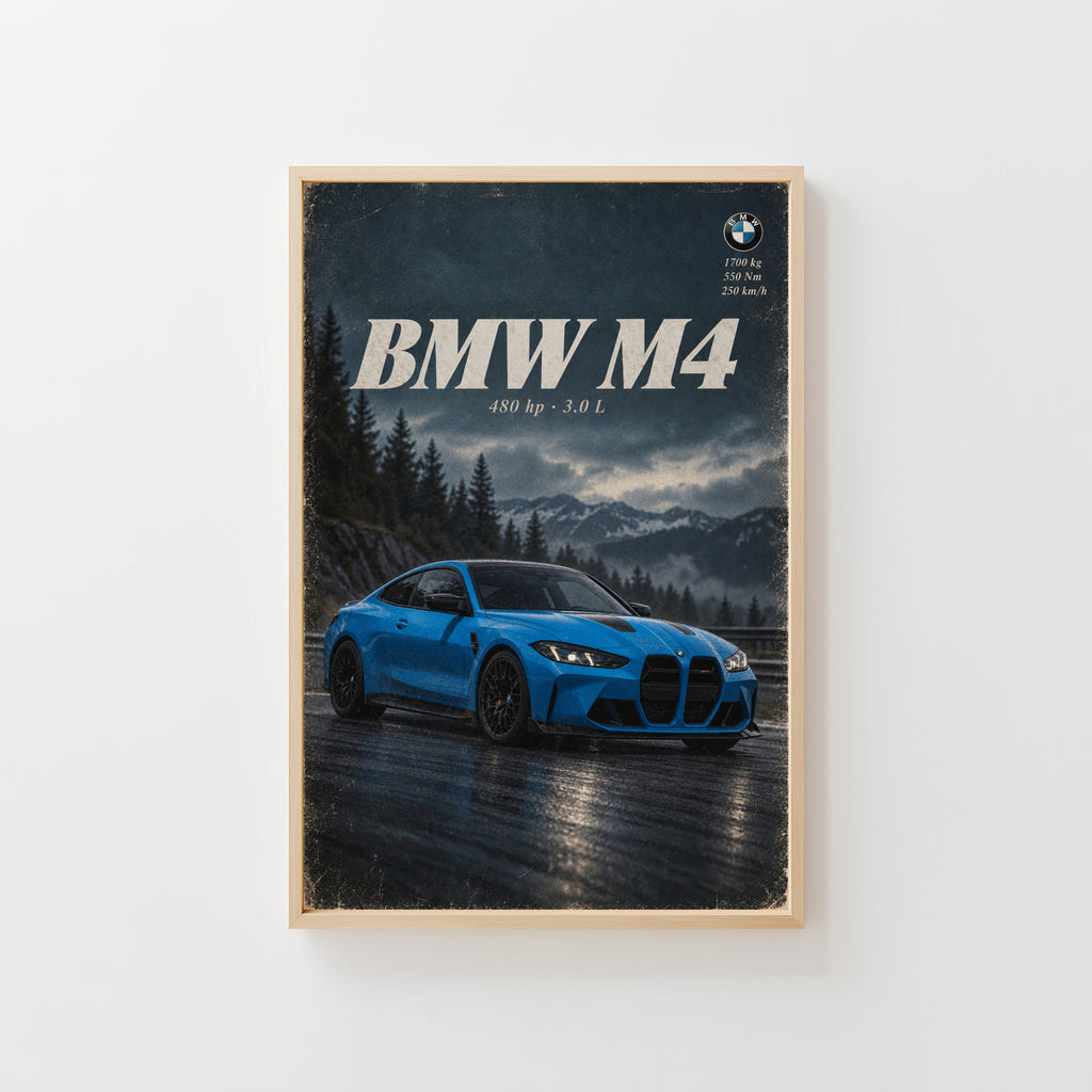 Vintage BMW M4 Print, Blue Coupe Car Wall Art