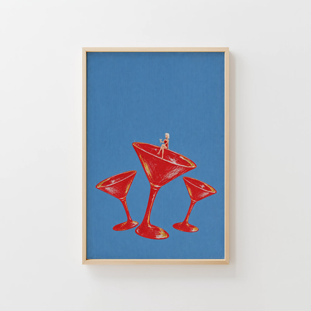 Vintage Cocktail Print Poster, Red Martini Glass Wall Art