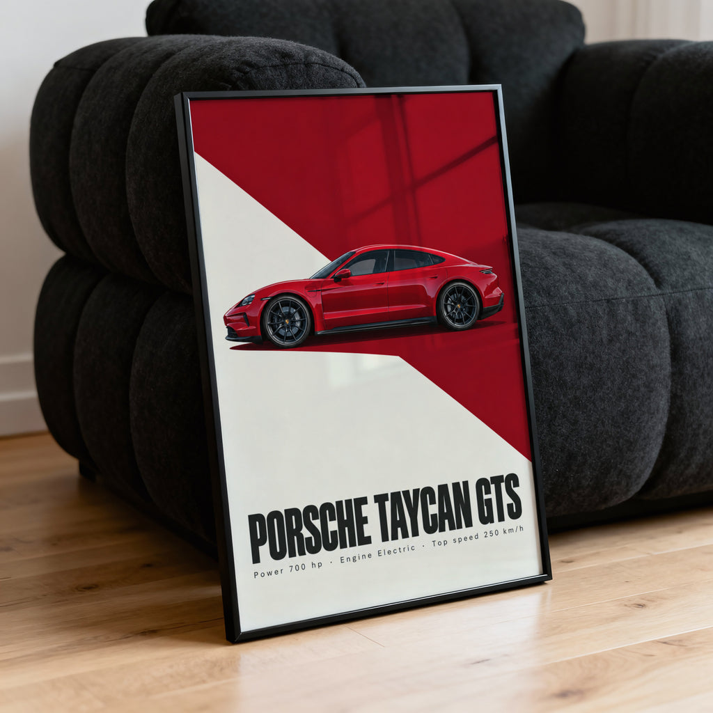 Vintage Porsche Taycan GTS Print, Car Poster, Red Wall Art