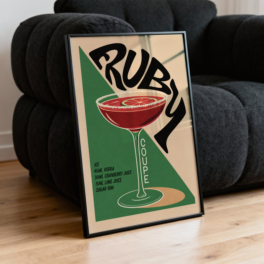 Vintage Ruby Cocktail Print Poster, Bar Cart Wall Art