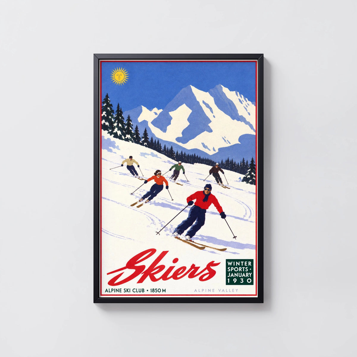 Vintage 1930 Alpine Ski Club Skiers Print, Winter Poster