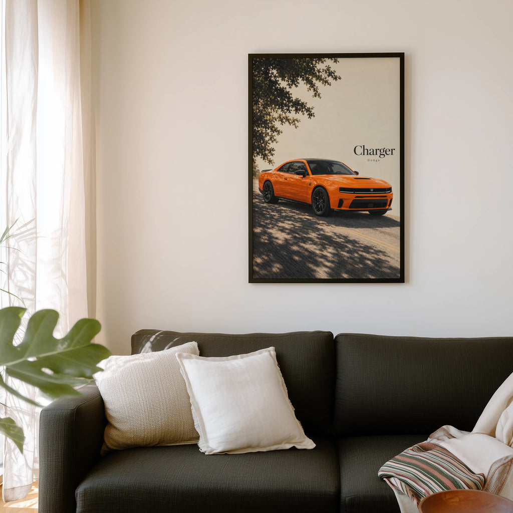 Vintage Dodge Charger Print, Orange Muscle Car Art