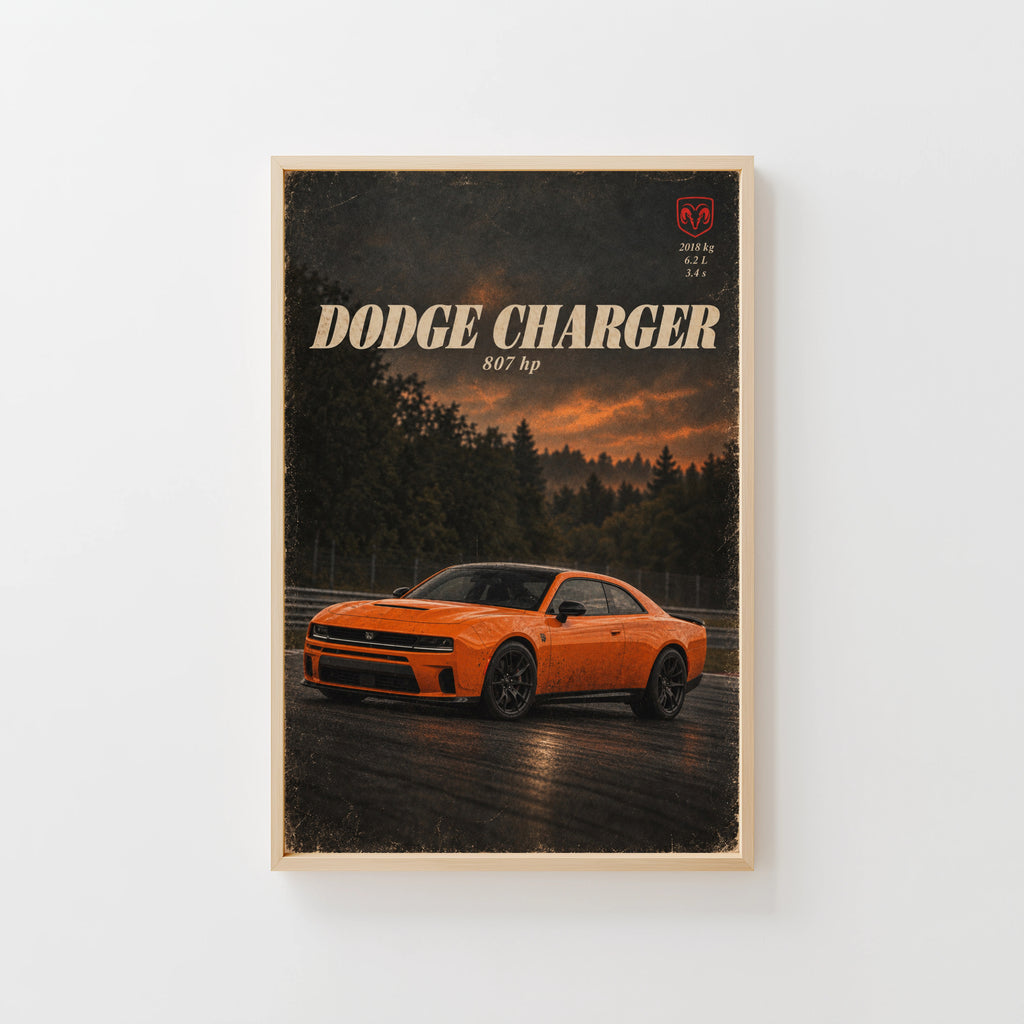 Vintage Dodge Charger Print, Orange Muscle Car Art