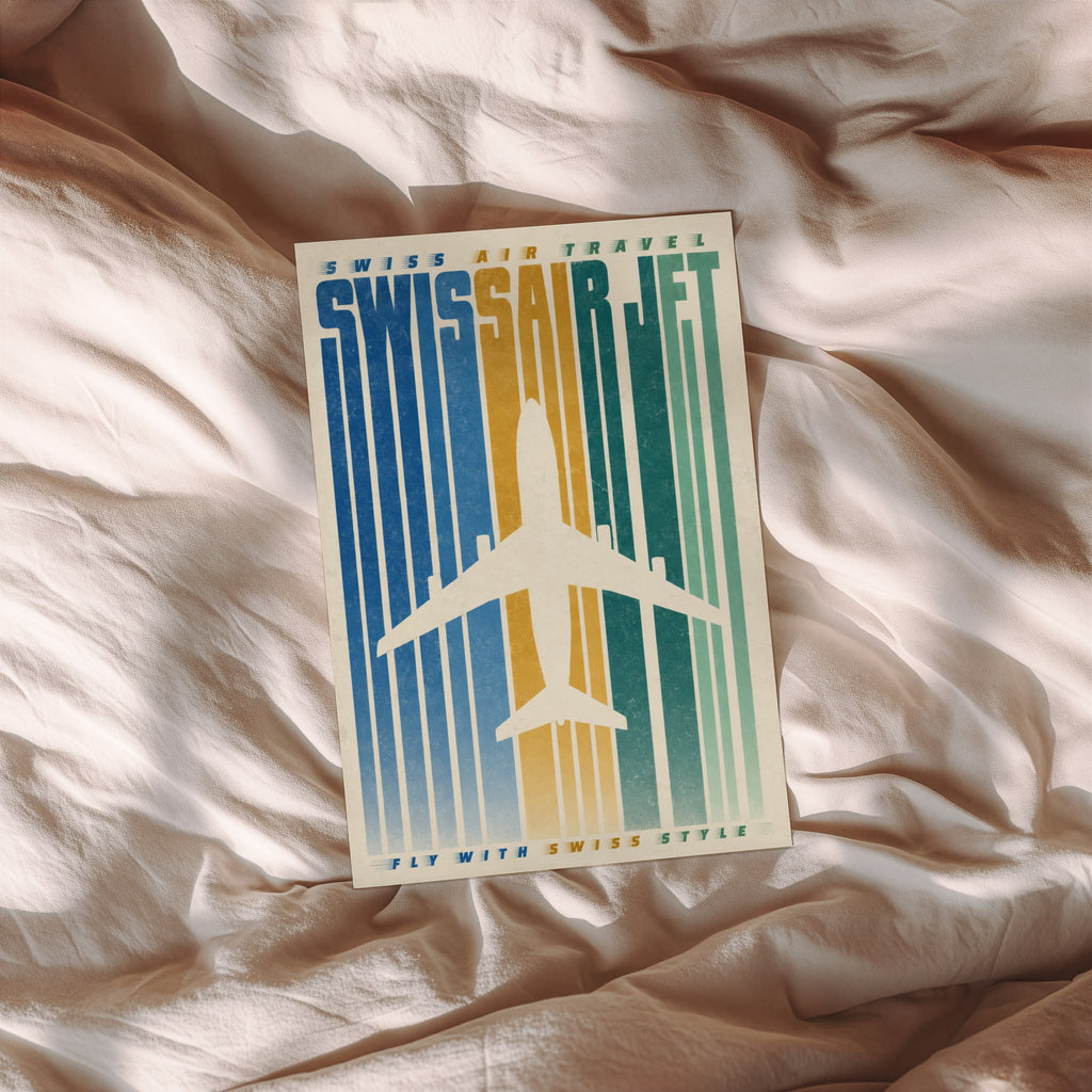 Vintage Swissair Jet Poster, Retro Aviation Wall Art, Print