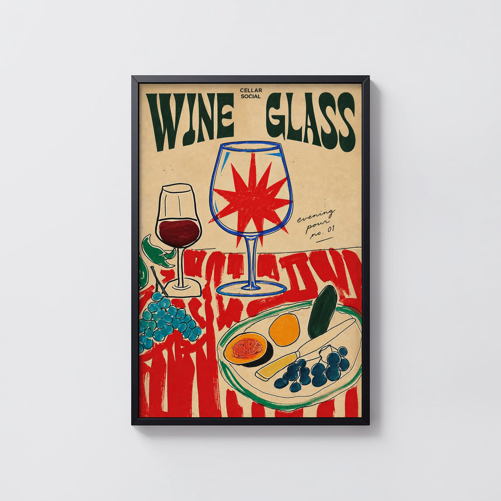 Vintage Wine Glass Print Poster, Cellar Social Wall Art